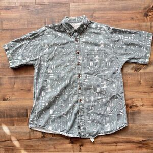 Vintage Woolrich Mens Short Sleeve Camp Shirt L All Over Print Fishing Outdoor
